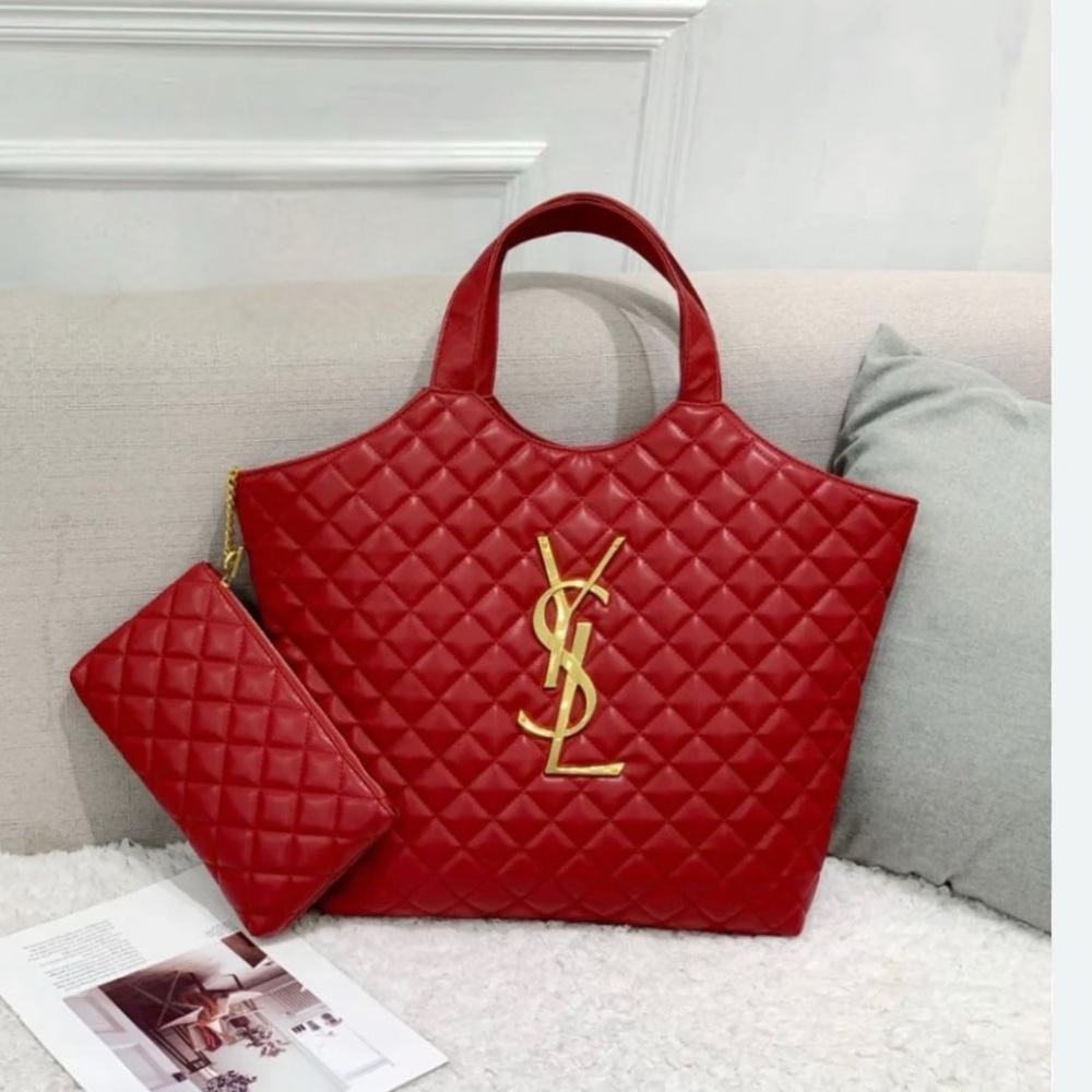 Designer Inspired Quilted Red Tote with Matching Pouch